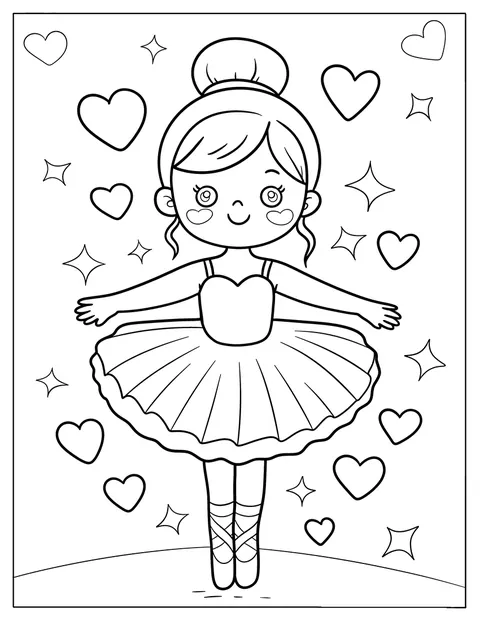 O fetiță execută o poziție de balet, înconjurată de inimioare.
