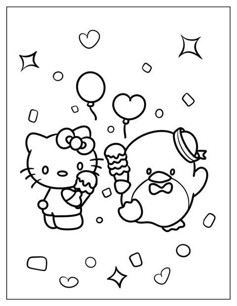 Hello Kitty et Tuxedo Sam savourent une glace ensemble.