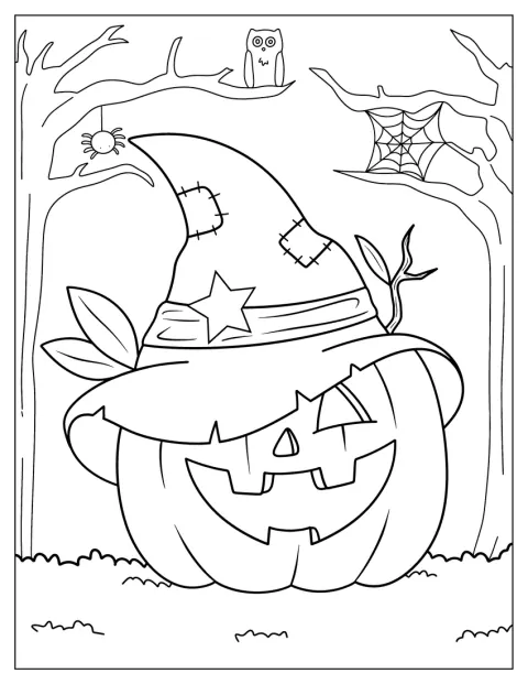 Una calabaza sonriente lleva puesto un sombrero de bruja.