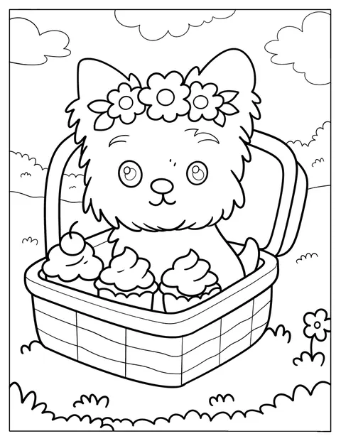 花冠をつけたヨークシャーテリアが、おやつの入ったかごのそばにいます。