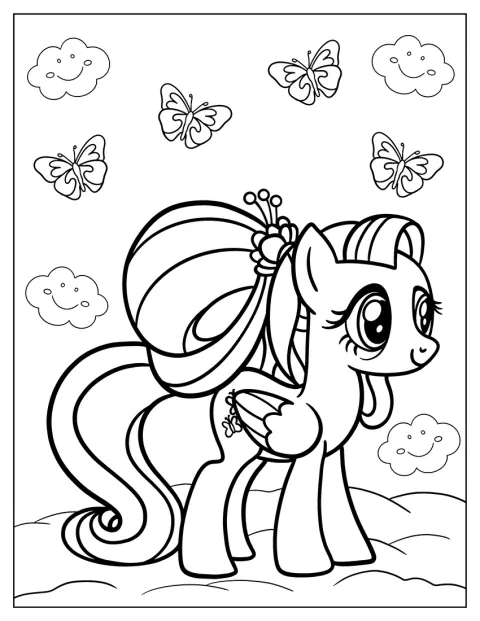 Fluttershy sitter på ett fluffigt moln.