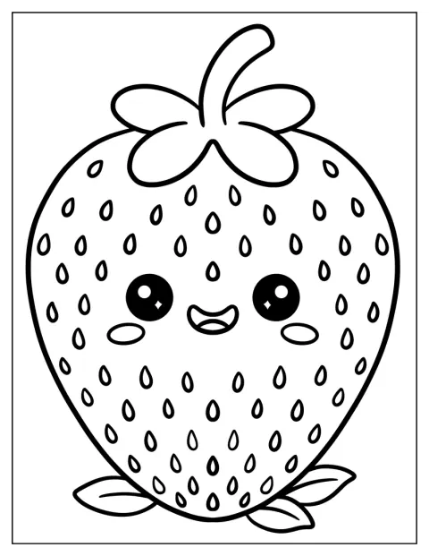Egy mosolygós arcú kawaii eper áll a kép közepén.