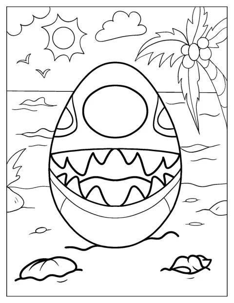 Stitch tittar fram ur ett påskägg på stranden.