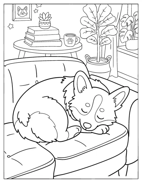Ein Corgi schläft zusammengerollt auf einem gemütlichen Wohnzimmersofa.