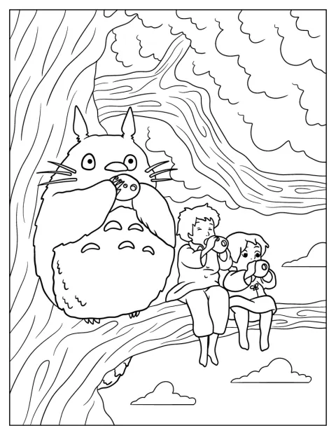 Satsuki, Mei ja Totoro ruokailevat puussa.