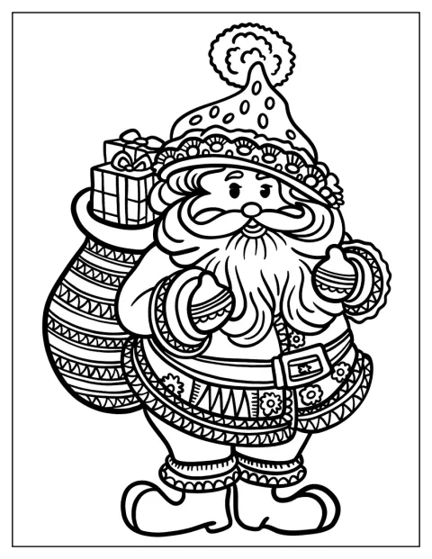 Santa Claus trägt einen Stapel Geschenke durch ein festliches Weihnachtsmandala.