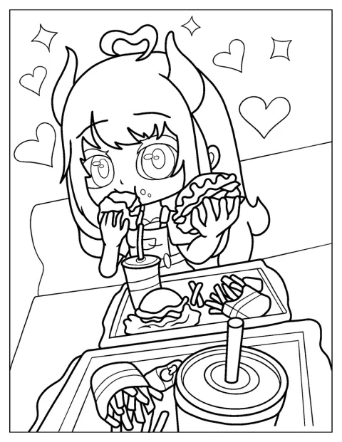 En jente fra Gacha Life koser seg med hurtigmat.