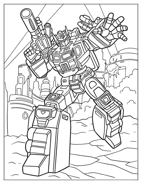 Optimus Prime hält seinen Ion-Blaster und zeigt seine vielen mechanischen Details.