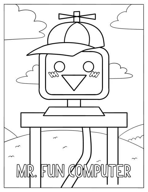 Mr Fun Computer vises med et sødt kawaii-udtryk.
