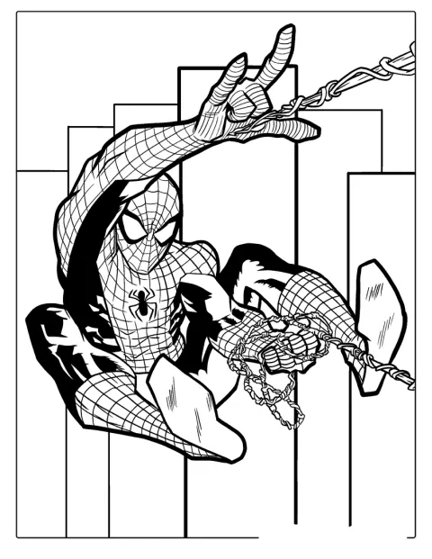 Spider-Man wystrzeliwuje sieć między miejskimi budynkami.