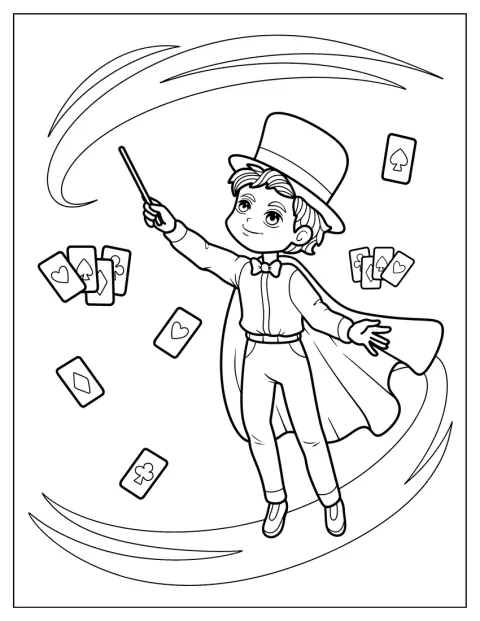 Kouzelník mává hůlkou a nechává karty vznášet se ve vzduchu.