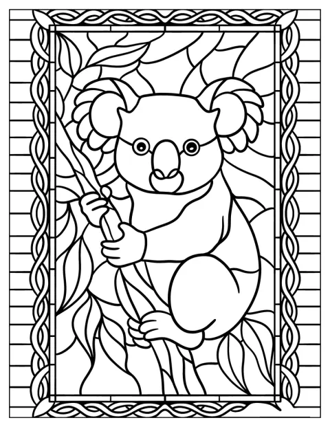 Un koala este încadrat de forme decorative în stil vitraliu.