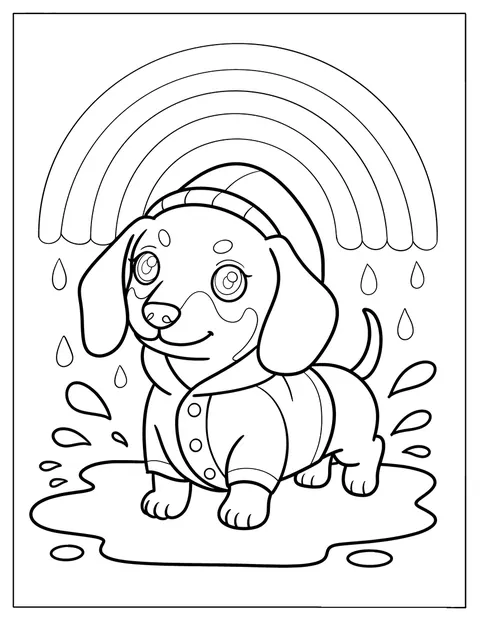 Az esőkabátos tacskó pocsolyában ugrál, felette szivárvány és esőcseppek látszanak.