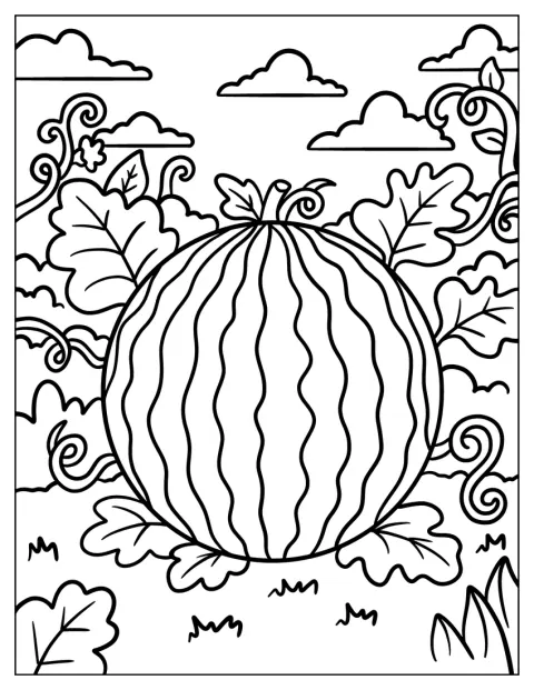 En hel vandmelon vokser mellem slyngplanter og blade.
