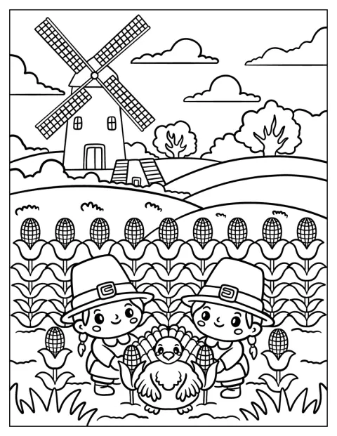 Två pilgrimsbarn håller i en kalkon ute på ett majsfält vid en väderkvarn.