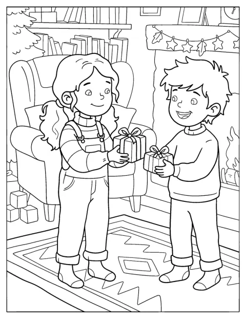 Des enfants échangent des cadeaux de Noël près de la cheminée.