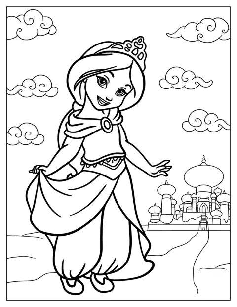 Jasmine står som barn i sin prinsessklädsel.