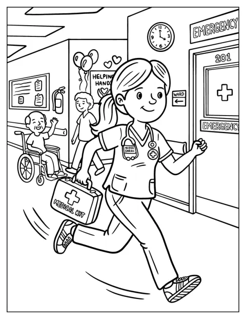 Une infirmière court dans un hôpital avec une trousse médicale.