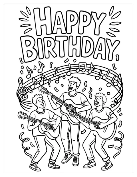 Trzech mężczyzn gra na gitarach i śpiewa urodzinową piosenkę.