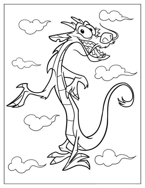Mushu står foran en himmel fuld af skyer.