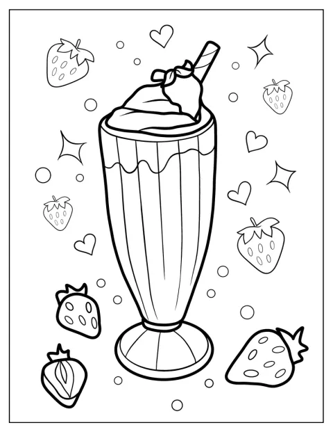 Des fraises décorent un verre de milk-shake représenté avec réalisme.