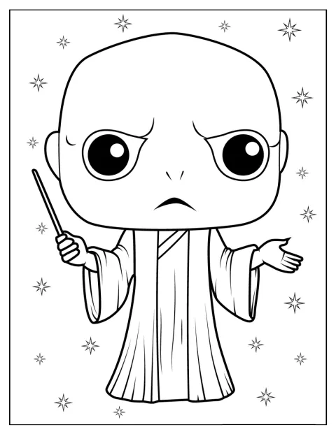 Voldemort apare desenat în stil chibi, cu o înfățișare neobișnuit de drăgălașă.