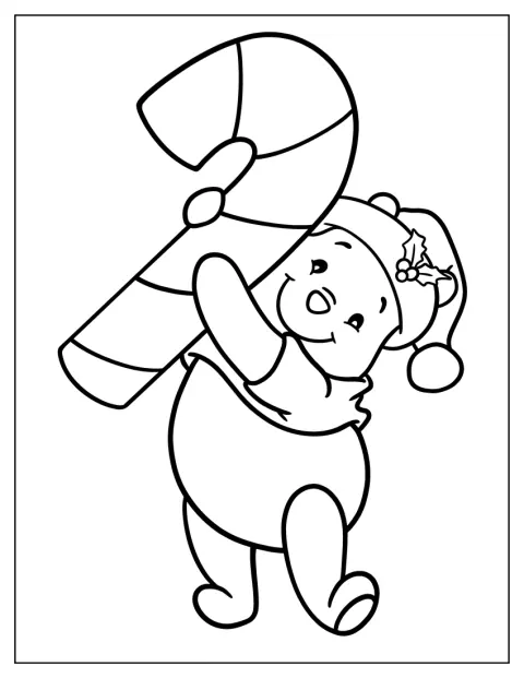 Pooh kantaa suurta karkkikeppiä jouluisessa maisemassa.