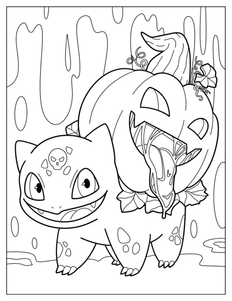 ポケモンが、こわい顔のジャック・オー・ランタンを運んでいます。