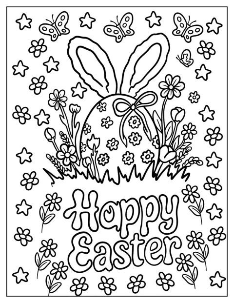 El mensaje «Feliz Pascua» acompaña a un huevo decorado con flores.
