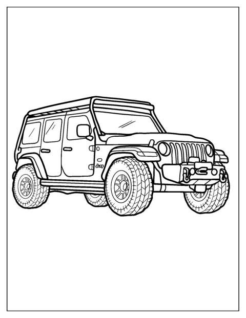Yksinkertainen Jeepin ääriviivapiirros näyttää auton edestä.