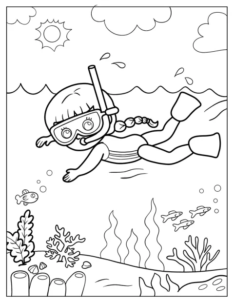 女の子がシュノーケルをつけて、海の中をのぞいています。