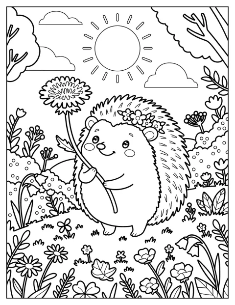 Siili pitelee voikukkaa keväisellä niityllä.
