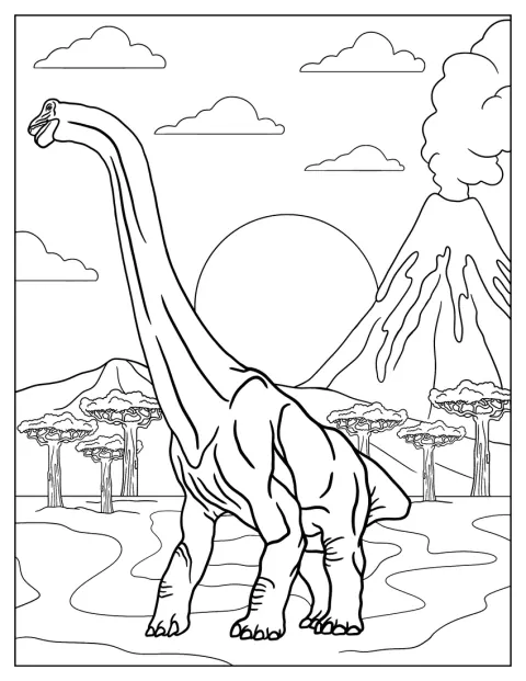 Un brachiosaure se tient près d’un volcan en éruption.