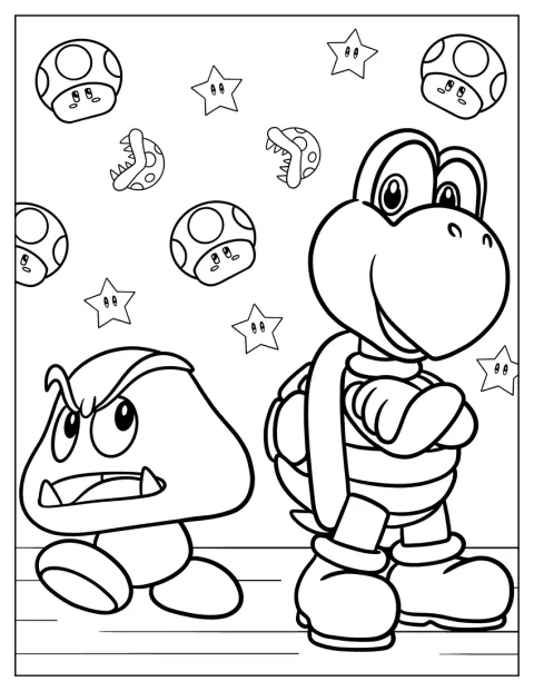 Yoshi y Goomba se colocan espalda con espalda.