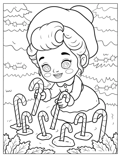 Mrs. Claus Coloring Page Putting Candy Canes in the Snow