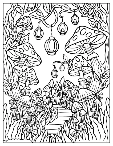 Un camino de farolillos atraviesa un bosque encantado de setas.