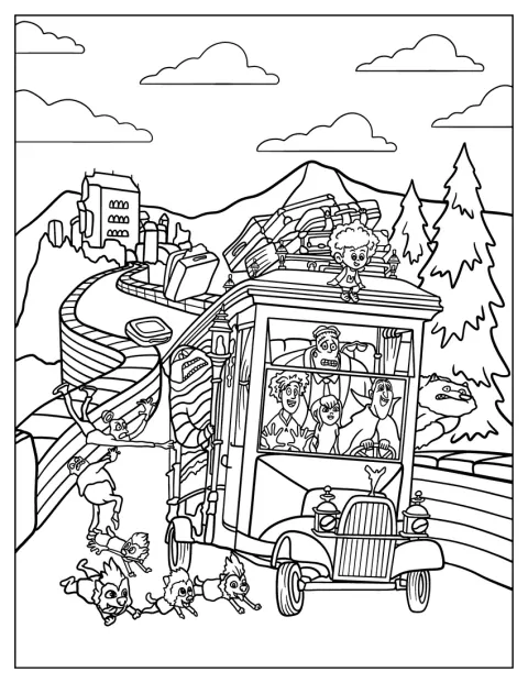 Mavis, Jonathan, Drácula, Frankenstein, Wayne, Murray y Dennis viajan en coche.