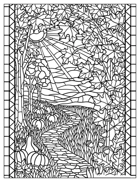 Mezi stromy vede lesní cesta lemovaná dýněmi a padajícím listím.