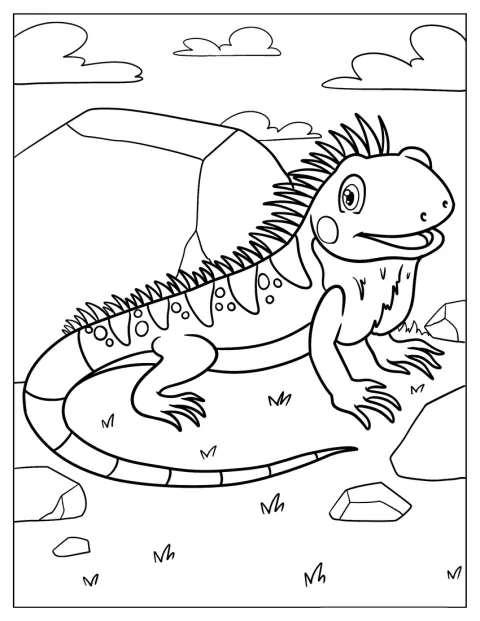 Un iguane de dessin animé sourit joyeusement.