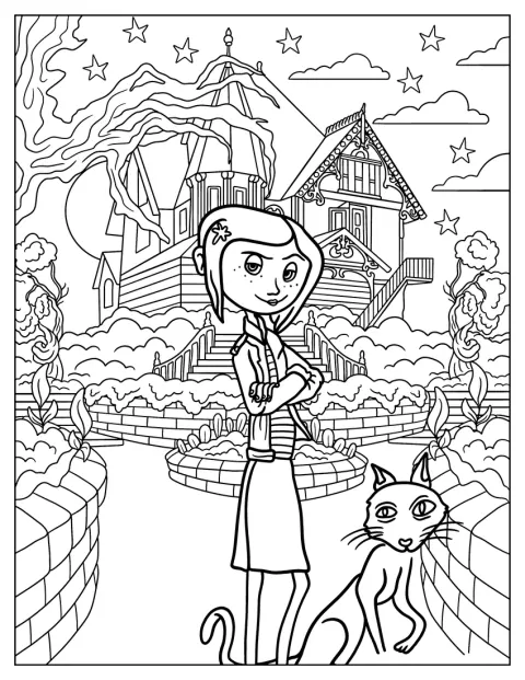 Coraline steht mit ihrer Katze vor einem Haus.