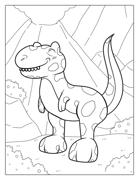 Een cartoon-T-rex staat naast een vulkaan.