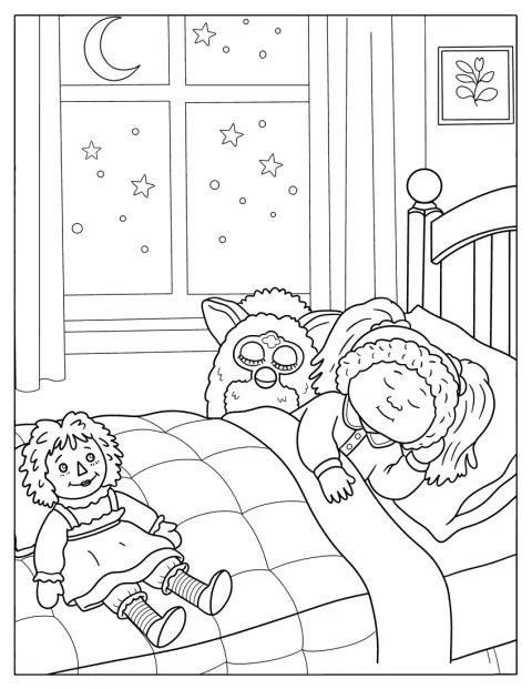 Nel letto, una bambina dorme accanto alle sue bambole e a un Furby.