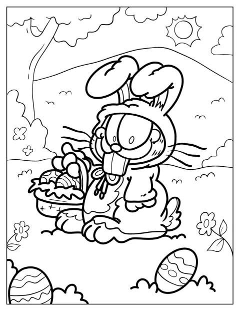 Garfield, travestito da coniglio, tiene un cestino di uova di Pasqua.
