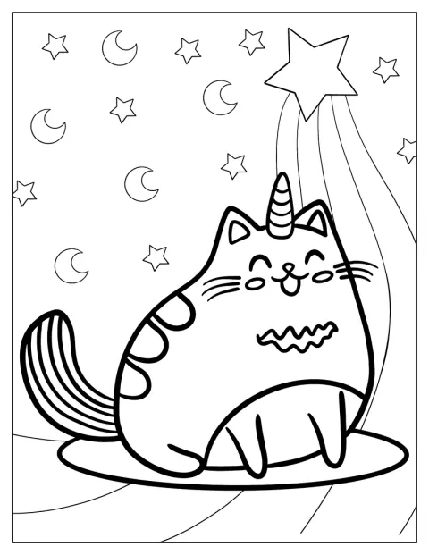 Pusheen sitzt als Einhorn auf einem Regenbogen.