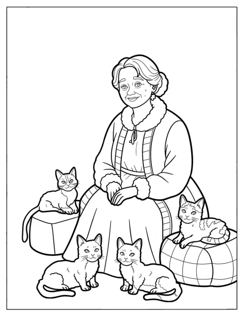 Mamá Noel descansa tranquilamente acompañada de sus gatos.