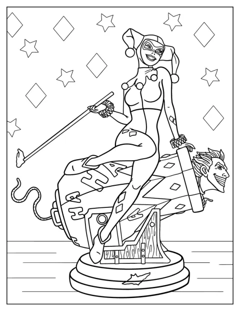 Arlequina está sentada num canhão onde Joker se encontra instalado.