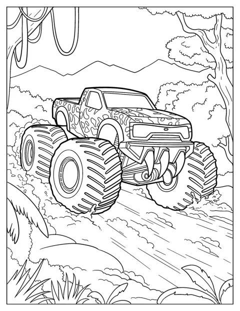 Um monster truck com padrão de jaguar atravessa terreno rochoso.