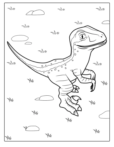 Um velociraptor bebé aparece de corpo inteiro.