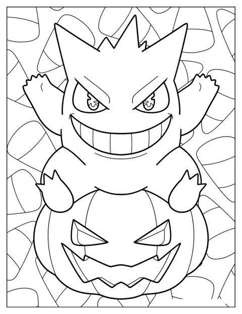 Gengar senta-se em cima de uma abóbora esculpida.