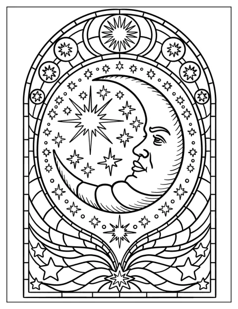 顔のある三日月が、星々とステンドグラス風の模様に囲まれています。